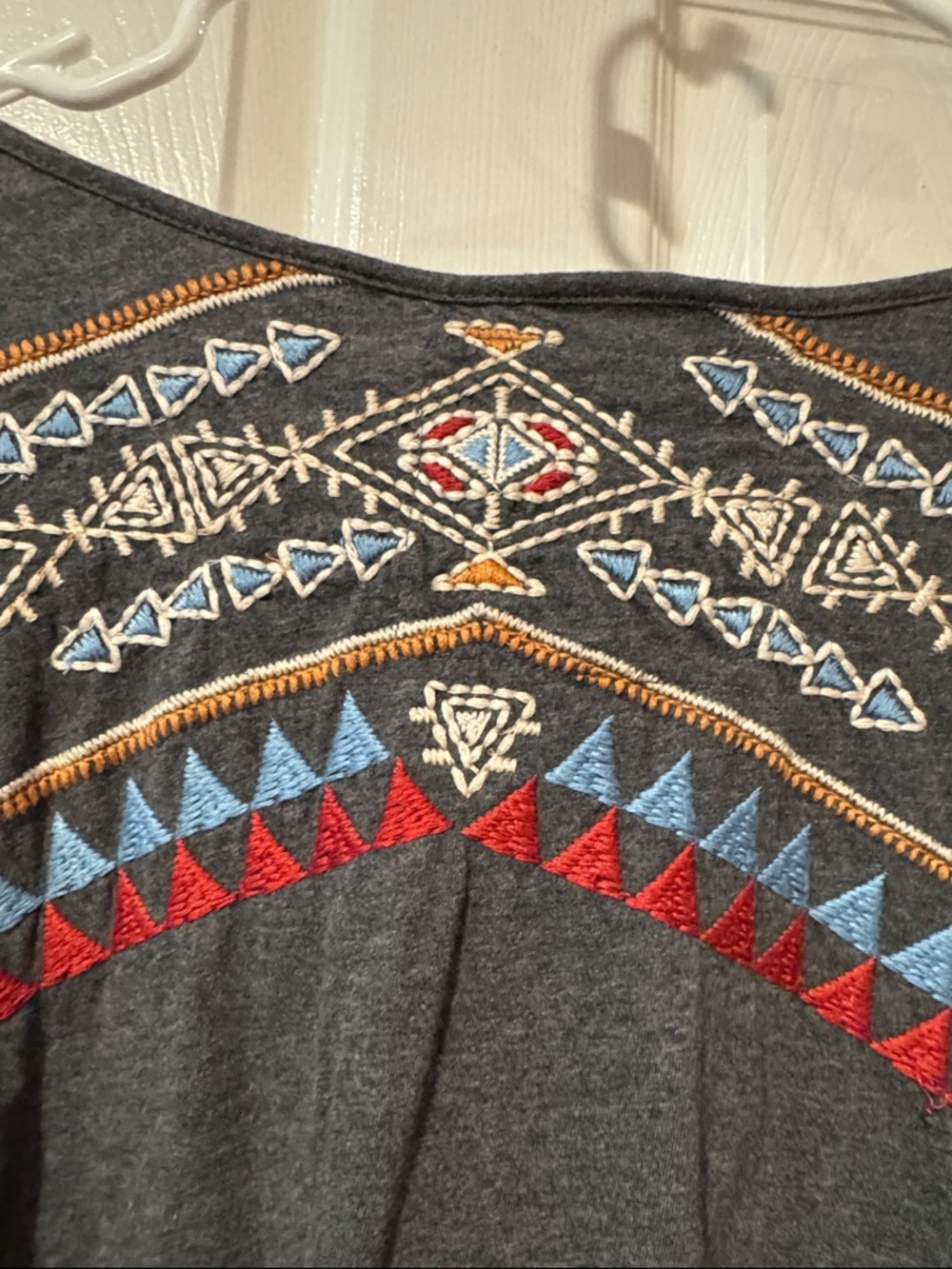 Johnny Was Short Sleeve Geometric Tribal Print Tee in Charcoal, Red, Blue, Gold - Picture 9 of 15